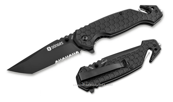 Donges Basic Tactical Flipper Folding Knife, 440A Black Partially Serrated, Aluminum Black, 01DG003