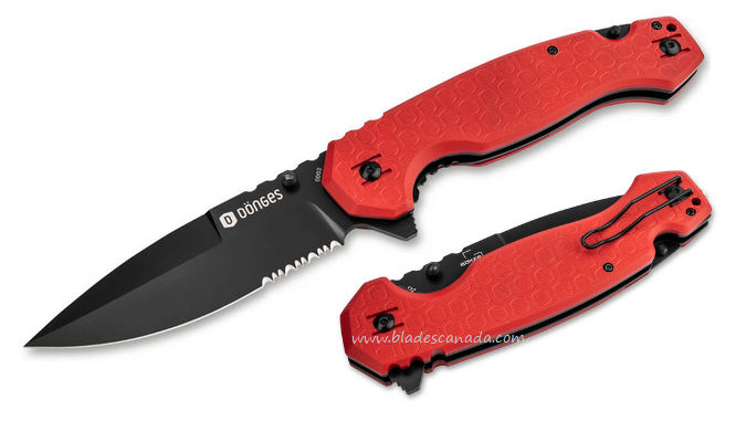 Donges Professional Fire Flipper Folding Knife, D2 Black Partially Serrated, G10 Red, 01DG004