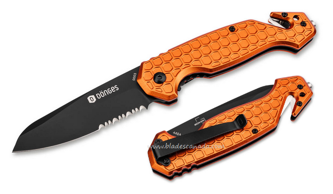 Donges Basic Rescue Folding Knife, 440A Black Partially Serrated, Aluminum Orange, 01DG005