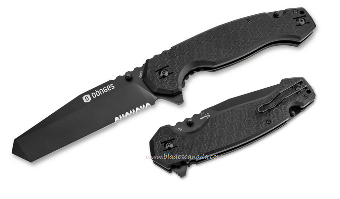 Donges Professional Tactical Flipper Folding Knife, D2 Black Partially Serrated, G10 Black, 01DG006