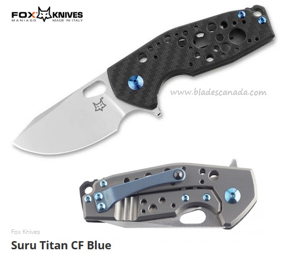 Fox Italy Suru Titan Flipper Folding Knife, M390, CF/Titanium Blue, FX-526 TCBL