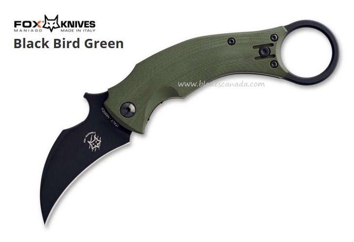 Fox Italy Black Bird Karambit Folding Knife, Wave Opening, N690, G10 Green, FX-591 OD