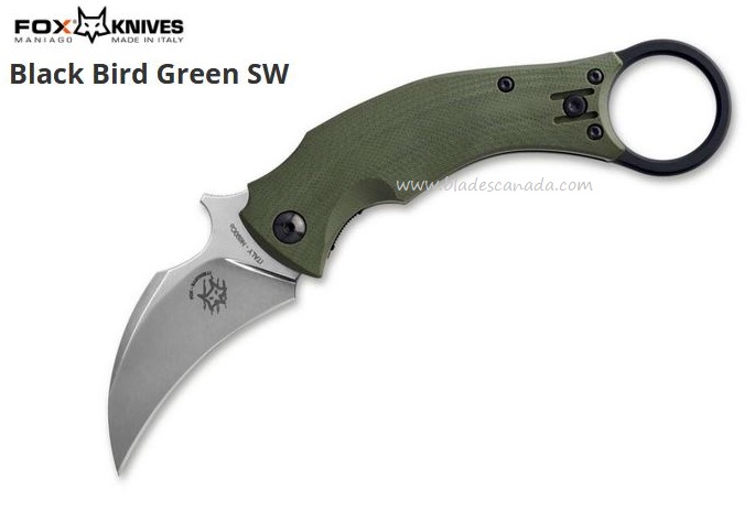 Fox Italy Black Bird Karambit Folding Knife, Wave Opening, N690, G10 Green, FX-591 ODSW