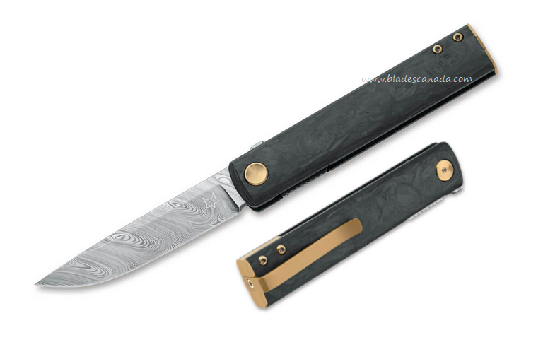 Fox Chnops Flipper Folding Knife, Damascus, Carbon Fiber w/ Bronze Ti Spacer, FX-543 DCF