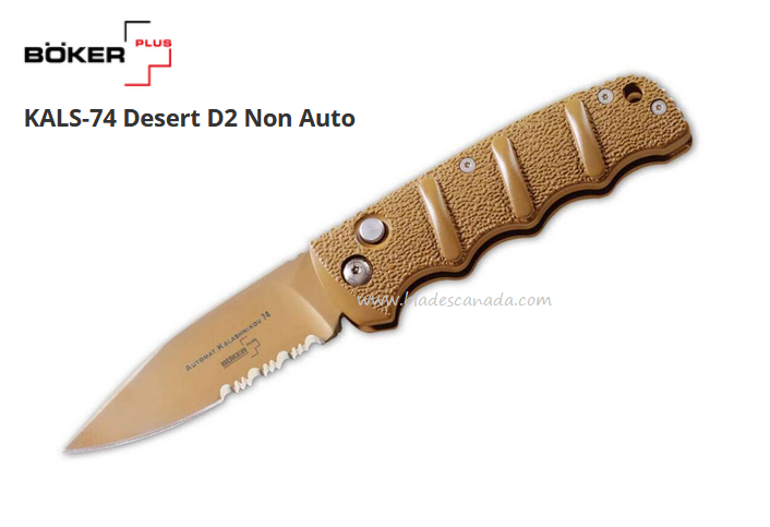 Boker Plus KALS-74 Folding Knife, D2 Serrated, Aluminum Desert, 01KALS103N