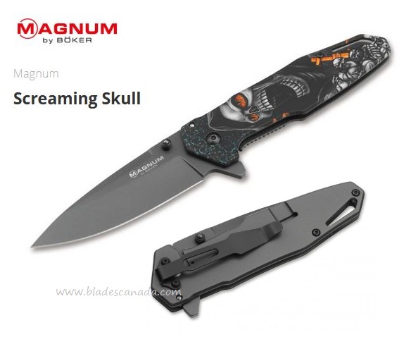 Boker Magnum Screaming Skull Framelock Flipper Knife, 440A, Stainless, 01MB230