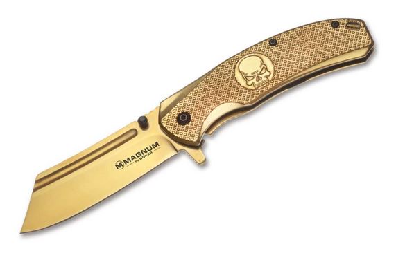 Boker Magnum Golden Skull Framelock Flipper Knife, 440A, Stainless Gold, 01SC070 - Click Image to Close
