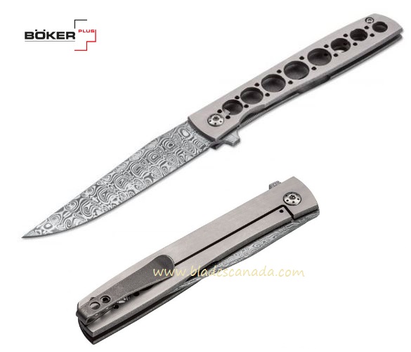 Boker Plus Urban Trapper Flipper Framelock Knife, Damasteel, Titanium, 01BO739DAM