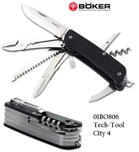 Boker Plus Tech-Tool City 4 Folding Knife, 12C27 Sandvik, G10 Black, Glass Breaker, 01BO806