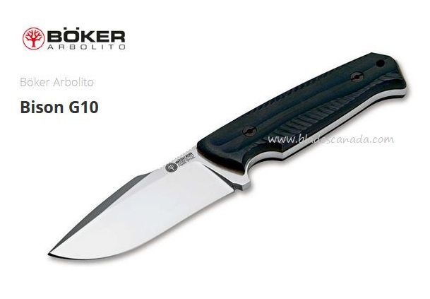 Boker Arbolito Bison Fixed Blade Knife, N695, G10 Black, Leather Sheath, 02BA402