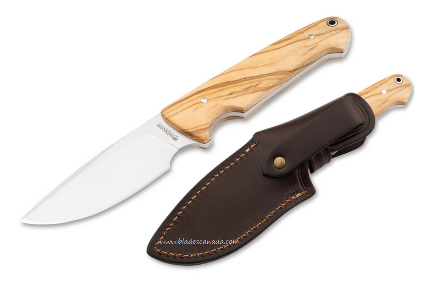 Boker Arbolito Vultur Fixed Blade Knife, ACX 390, Olive Wood, Leather Sheath, 02BA415