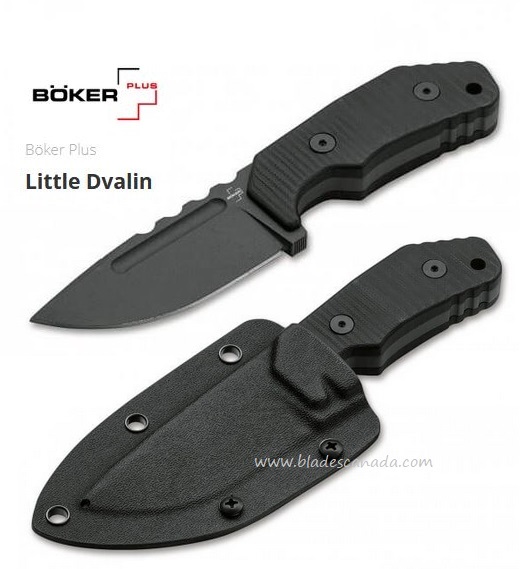 Boker Plus Little Dvalin Fixed Blade Knife, D2, G10 Black, Kydex Sheath, 02BO033