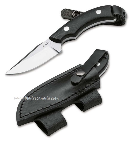 Boker Plus J-Bite Fixed Blade Knife, 440C, G10 Black, Leather Sheath, 02BO046 - Click Image to Close