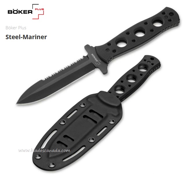 Boker Plus Steel Mariner Fixed Blade Knife, 440C, G10 Black, Kydex Sheath, 02BO285