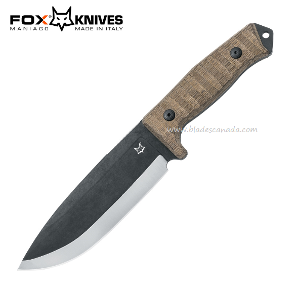 Fox Italy Bushman Fixed Blade Knife, D2 Black, Micarta, Leather Sheath, FX-609OD
