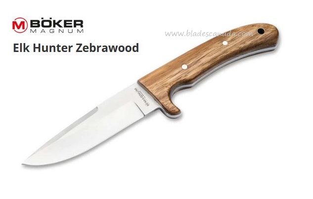 Boker Magnum Elk Hunter Fixed Blade Knife, Zebrawood, Leather Sheath, 02GL687