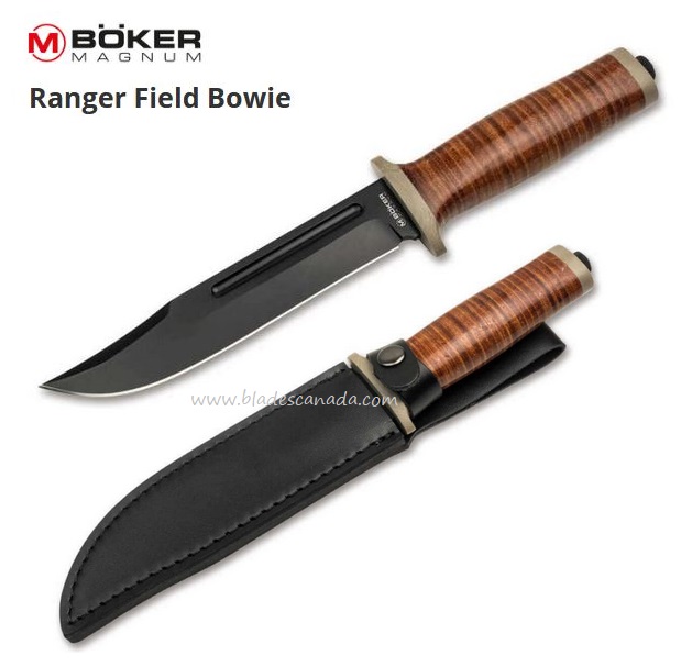 Boker Magnum Ranger Field Bowie Knife, Leather Handle, Leather Sheath, 02SC001