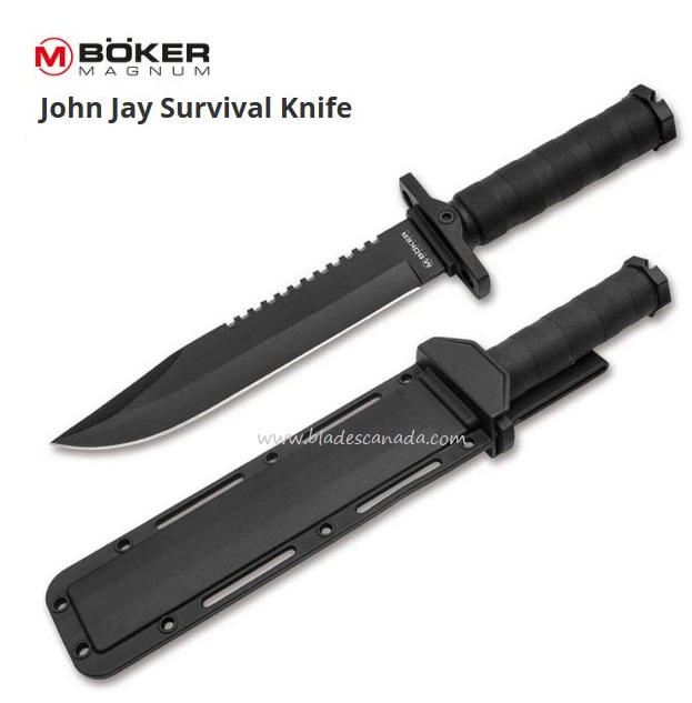 Boker Magnum John Jay Survival Fixed Blade Knife, FRN Black, Hard Sheath, 02SC004