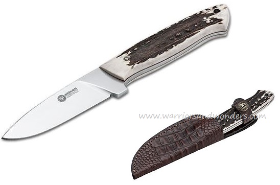 Boker Arbolito Dano Fixed Blade Knife, N695, Stag Handle, Leather Sheath, 02BA325HH