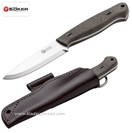 Boker Arbolito Bushcraft Fixed Blade Knife, N690, Micarta, Leather Sheath, 02BA331
