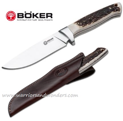 Boker Arbolito Hunter Fixed Blade Knife, N695, Stag Handle, Leather Sheath, 02BA351H