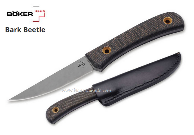 Boker Plus Bark Beetle Fixed Blade Knife, 1095 Carbon, Micarta, Leather Sheath, 02BO039