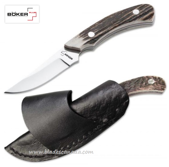Boker Plus Cross Draw Fixed Blade Knife, 440C, Stag Handle, Leather Sheath, 02BO515