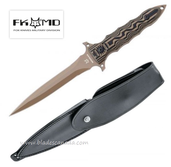 Fox Italy FKMD Modras Dagger Fixed Blade Knife, N690, G10 Tan, Leather Sheath, FX-508