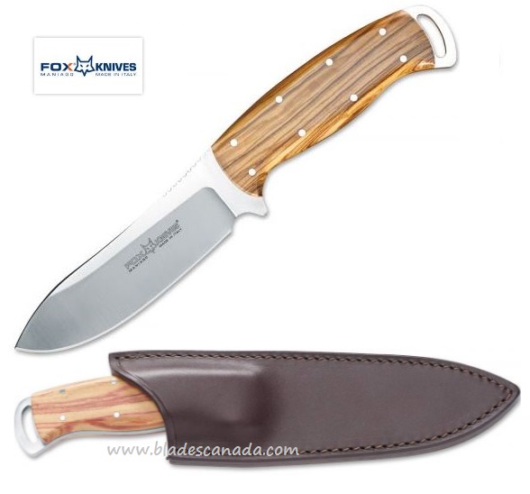 Fox Italy 'Pachi' Persian Hunter Fixed Blade Knife, N690, Olive Wood, Leather Sheath, 445OL