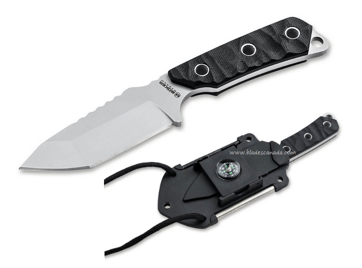 Boker Magnum Survival Neckup Fixed Blade Knife, G10 Black, Black Sheath, 02RY337