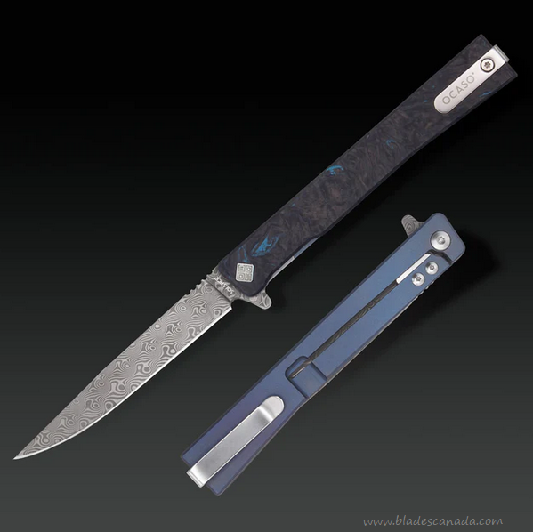 Ocaso The Solstice Flipper Framelock Knife, Damascus, Titanium/Fat Carbon Dark Matter Blue, 10IFB
