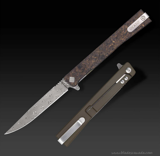 Ocaso The Solstice Flipper Framelock Knife, Damascus, Titanium/Fat Carbon Dark Matter Bronze, 10IFG