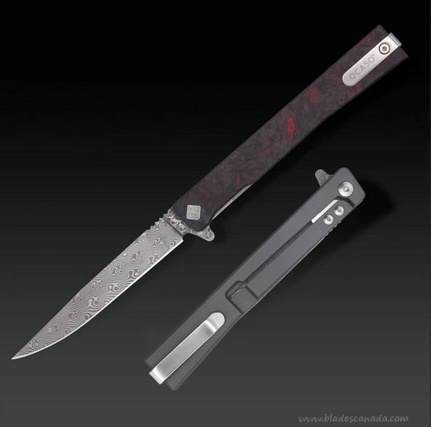 Ocaso The Solstice Flipper Framelock Knife, Damascus, Titanium/Fat Carbon Dark Matter Red, 10IFR