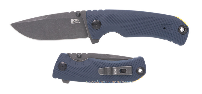 SOG Tellus ATK Flipper Framelock Knife, 440C Black, GRN Squid Ink w/Yellow Backspacer, 11-06-03-43