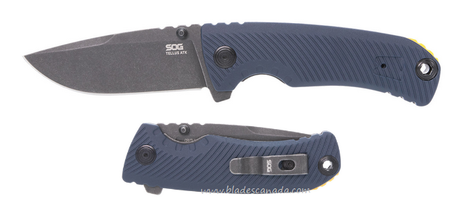 SOG Tellus ATK Assited Opening Folding Knife, 440C Black, GRN Squid Ink w/Yellow Backspacer, 11-06-03-43