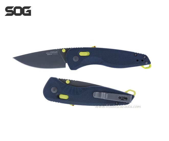 SOG Aegis AT Folding Knife, Assisted Opening, D2 Black, GRN Indigo Acid, 11-41-03-41