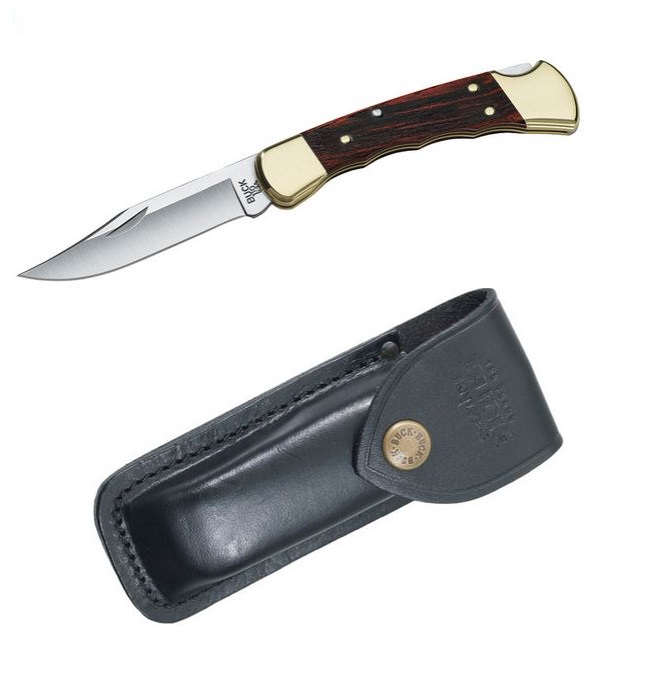 Buck 110 Hunter Folding Knife, 420HC Steel, Grooved Ebony, Leather Sheath, BU0110BRSFG