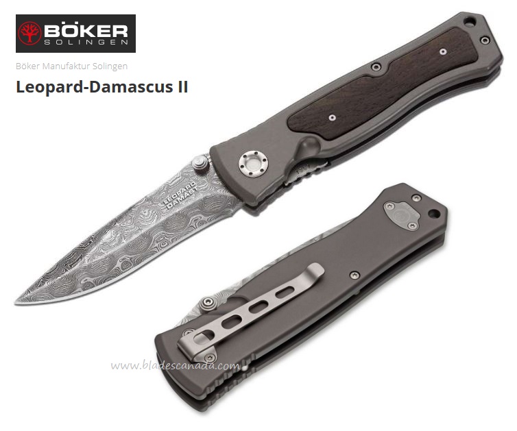 Boker Germany Leopard II Folding Knife, Damascus Blade, Aluminum/Wood, 111054DAM