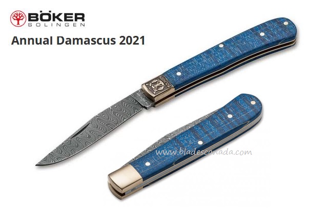 Boker Germany Annual Damascus 2021 Slipjoint Folding Knife, Quilted Maple, 1132021DAM - Click Image to Close