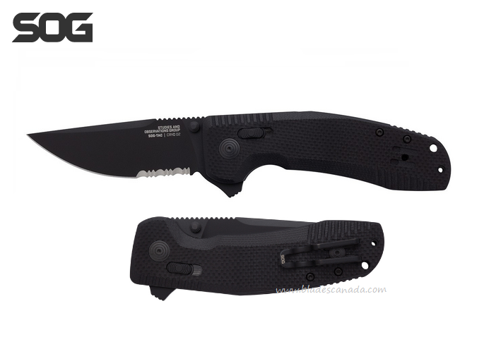 SOG Tac XR Flipper Folding Knife, D2 Black Partial Serration, G10 Black, 12-38-03-41