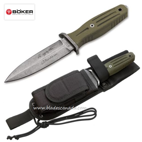 Boker Germany A-F Fixed Blade Knife, N690 4.5", Micarta, Soft Sheath, 120644