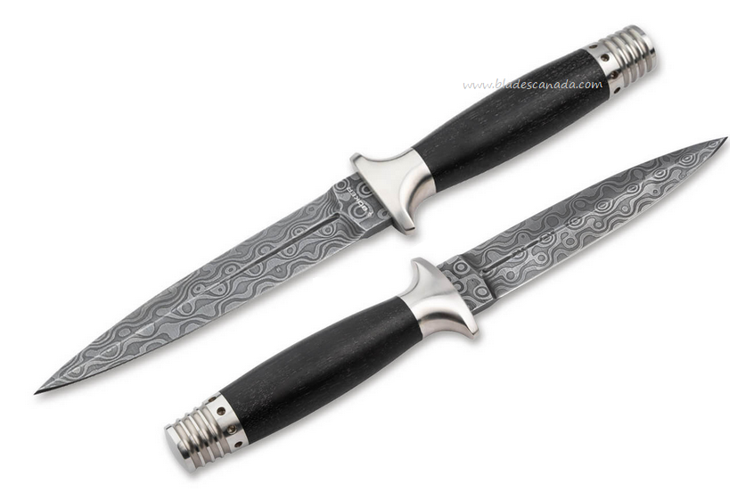 Boker Manufaktur MG-42 Dagger Fixed Blade Knife, Damascus, Hornbeam, Leather Sheath, 121506DAM