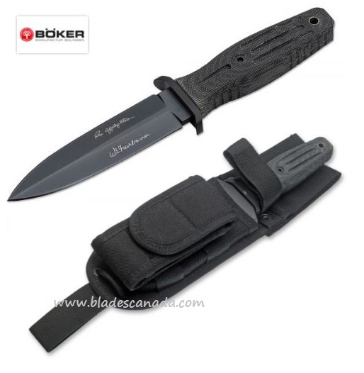 Boker Germany A-F Dagger Fixed Blade Knife, N690, Micarta Black, Soft Sheath, 121644