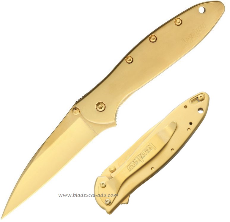 Kershaw Leek Gold Plated Flipper Framelock Knife, Assisted Opening, 14C28N Sandvik Wharncliffe, K1660G