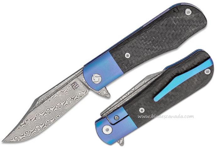 Artisan Cutlery Small Hyperion Flipper Folding Knife, Damascus, Carbon Fiber/Titanium Blue, 1834GSDBU