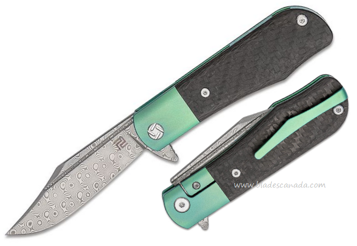 Artisan Cutlery Small Hyperion Flipper Folding Knife, Damascus, Carbon Fiber/Titanium Green, 1834GSDGN