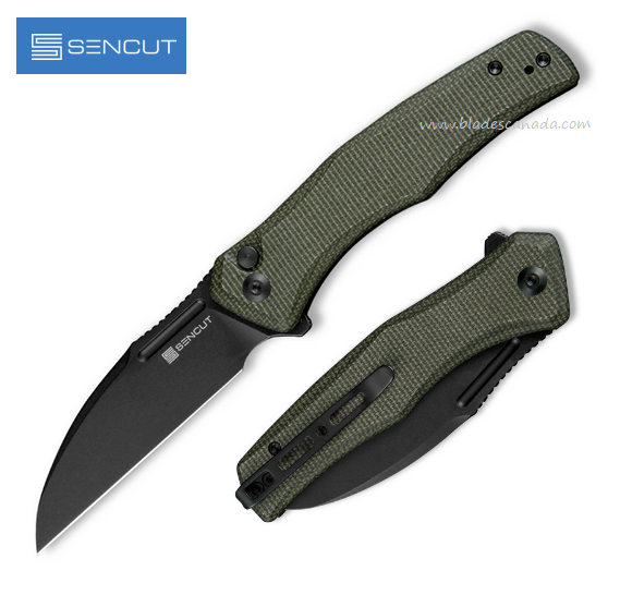 SENCUT Watauga Flipper Button Lock Knife, D2 Black SW, Micarta Green, S21011-2