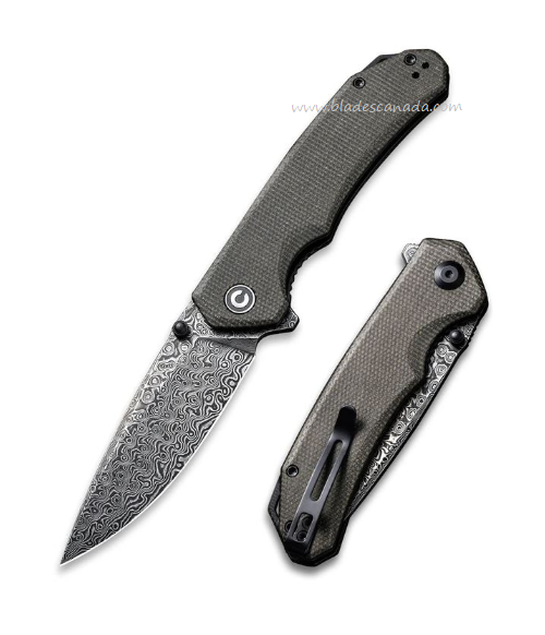 CIVIVI Brazen Flipper Folding Knife, Damascus Blade, Micarta Dark Green, 2102DS-3 - Click Image to Close