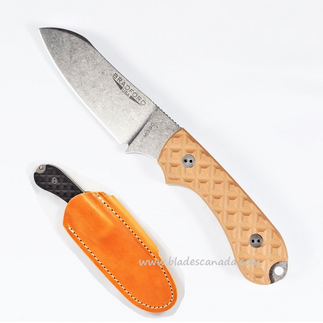 Bradford Guardian 3 Sheepsfoot Knife, M390 Stonewash, Coyote Textured G10, 3SF-004-M390