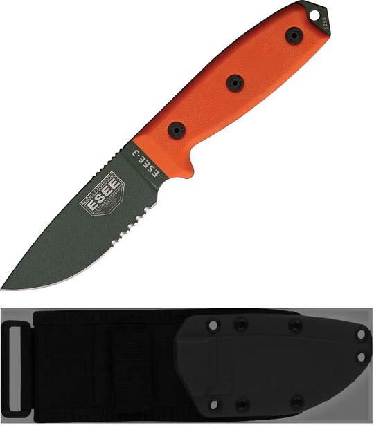 ESEE 3S-MB-OD Fixed Blade Knife, 1095 Carbon OD Green, G10 Orange, MOLLE Sheath, 3S-MB-OD